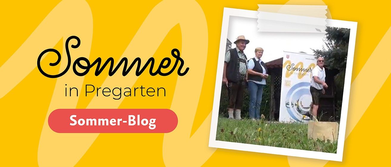 Ein Banner mit 'Sommer Pregarten' darauf und ein Bild von zwei Personen, die in einem Garten stehen.
