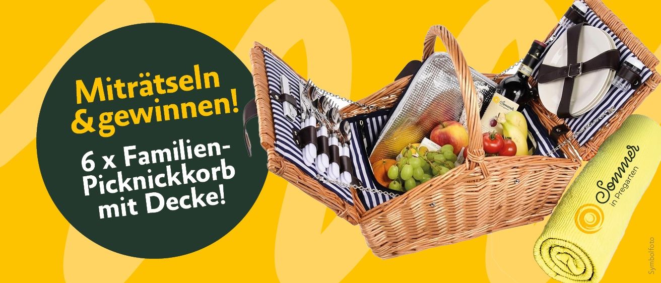 Ein Korb mit Picknick-Essentials wie Obst, Wein und Besteck, vor einem gelben Hintergrund mit einem grünen Kreis.