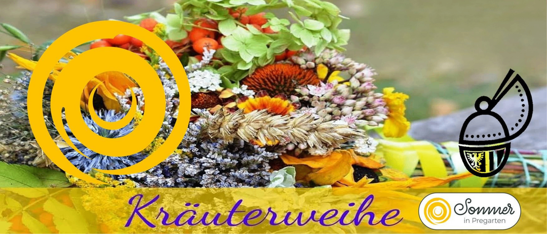 Ein Nahaufnahme eines farbenfrohen Kräuterbouquets mit verschiedenen Kräutern, Blättern und Blumen. Der Text 'Krauterweihe' ist in Lila am unteren Rand angezeigt.