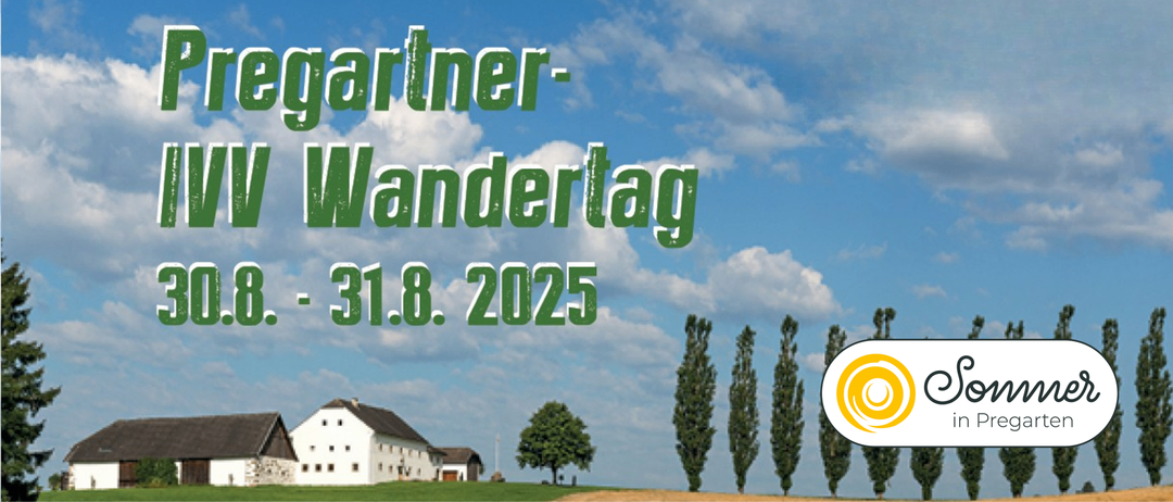 Ein landschaftliches Bild einer ländlichen Umgebung mit einem Haus und Bäumen, mit dem Datum 31.8.2025 und dem Text 'Partner-Wandertag' in Grün auf einem blauen Himmelshintergrund.
