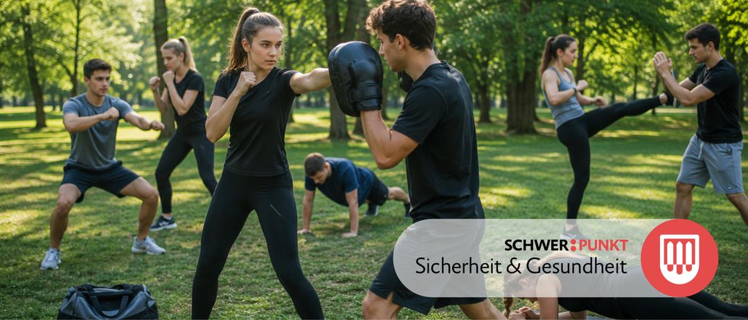 Eine Frau schlägt in den Boxhandschuh eines Mannes. Ein weiterer Mann macht im Hintergrund Liegestütze. Das Bild hat ein Wasserzeichen mit der Aufschrift 'Sicherheit & C'.