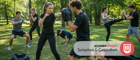 Eine Frau schlägt in den Boxhandschuh eines Mannes. Ein weiterer Mann macht im Hintergrund Liegestütze. Das Bild hat ein Wasserzeichen mit der Aufschrift 'Sicherheit & C'.