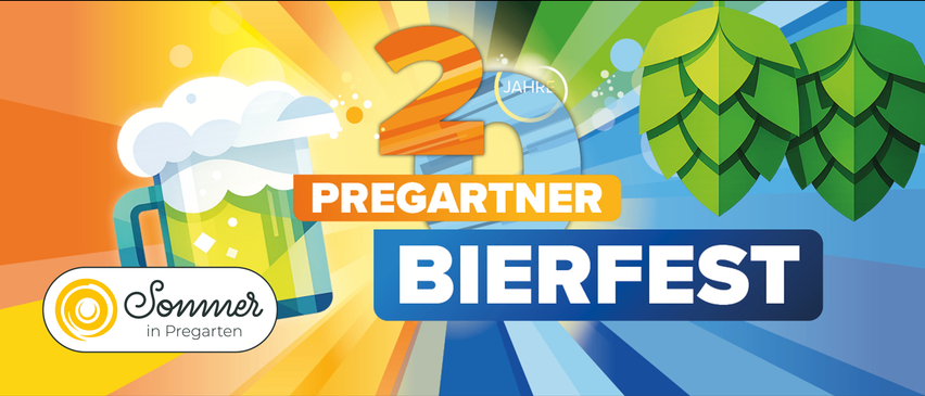 Ein lebhaftes Bild zur Feier von 25 Jahren Pregartner Bierfest. Die Zahl 25 ist prominent in Orange mit einem blauen Kreis darum herum dargestellt. Das Wort Bierfest ist in Weiß auf blauem Hintergrund zu sehen.