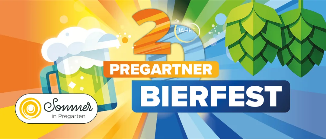 Ein lebhaftes Bild zur Feier von 25 Jahren Pregartner Bierfest. Die Zahl 25 ist prominent in Orange mit einem blauen Kreis darum herum dargestellt. Das Wort Bierfest ist in Weiß auf blauem Hintergrund zu sehen.