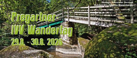 Poster zur Werbung für eine Wanderveranstaltung in Eggerliner vom 8. bis 30. August 2016, mit einer Holzbrücke über einem Bach, üppigen grünen Bäumen und moosbedeckten Felsen. Das Poster enthält Logos und Sponsoren.