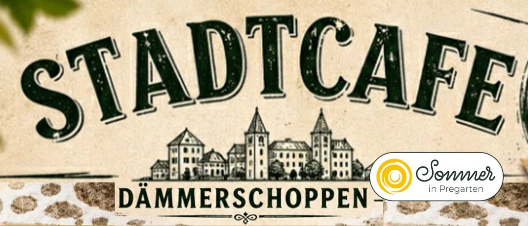 Ein altmodisches Schild mit dem Wort 'ADTC' oben, das eine Reihe von alten Gebäuden mit Türmen zeigt. Darunter steht das Wort 'MMERSCHOPPEN'.