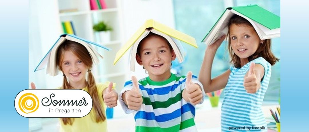 A boy with books on his head gives thumbs up. A girl beside him and another holding a book smile. Behind them, a shelf and a plant are visible.