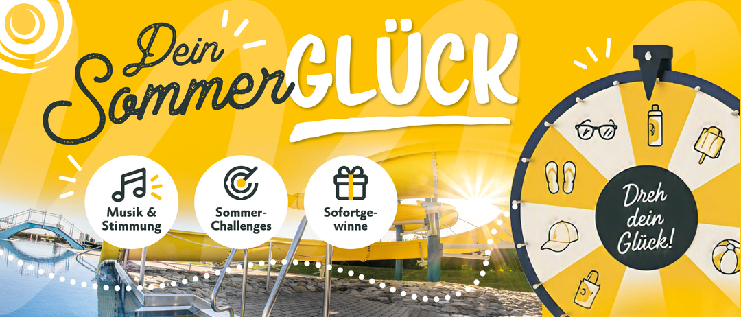 Ein gelbes Banner mit den Worten 'UnGluck' und zwei Symbolen, eines mit einem Haken und das andere mit einem Geschenk. Unter dem Banner sind ein Wasserrutsche und ein Pool zu sehen.