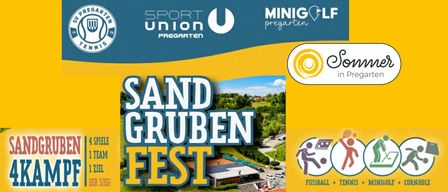Plakat für das Sandgruben Fest-Event mit einer sonnigen Landschaft, einem Gebäude, Bäumen und einem Weg. Das Plakat enthält Logos für Sport Union Pregarten und Minig Pregarten.