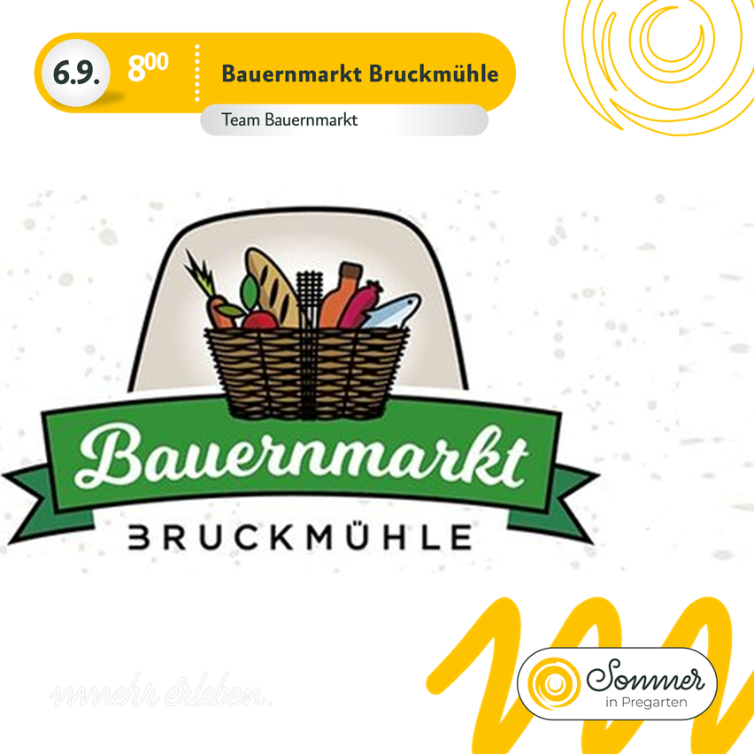 Ein Werbebild für Bauernmarkt Bruckmuhle zeigt einen Korb mit verschiedenen Lebensmitteln, ein Logo und den Slogan 'Erleben Sie mehr.' Unter dem Korb steht eine Bewertung von 6,9 Sternen und die Erwähnung von 800 Likes.