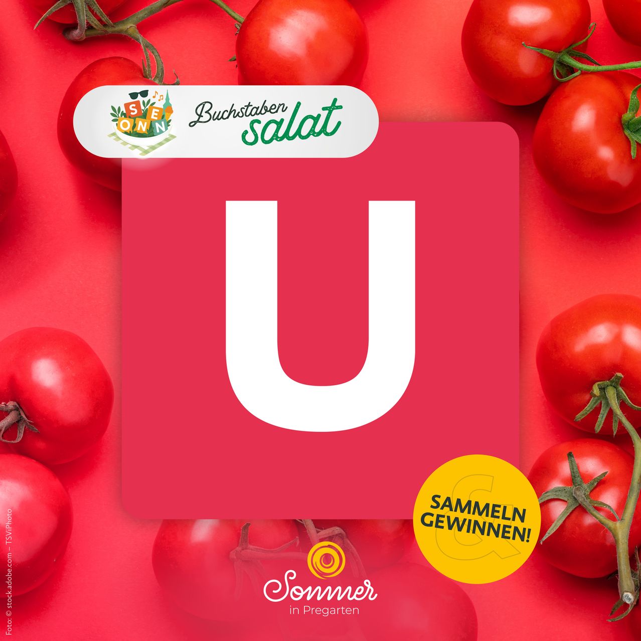Ein Werbebild für ein sommerliches Alphabetbuch mit dem Buchstaben 'U' im Vordergrund. Der Hintergrund ist leuchtend rot mit Tomaten und einem gelben Kreis, der 'Sammeln Gewinnen!' sagt.