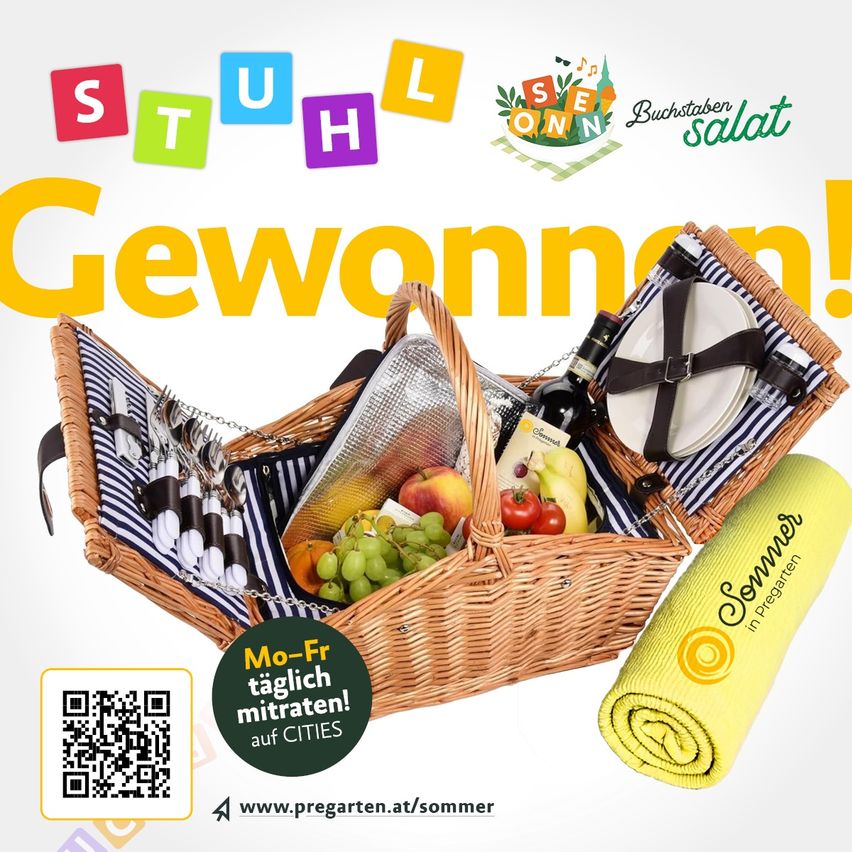 Eine Werbung für einen Picknickkorb gefüllt mit Obst, einer Flasche Wein und Besteck. Der Korb wird von einem gelben Handtuch mit dem Text 'Sommer in der Schwangerschaft' begleitet. Das Bild enthält auch einen QR-Code und den Text 'Mo-Fr teilnehmen auf CITIES'.