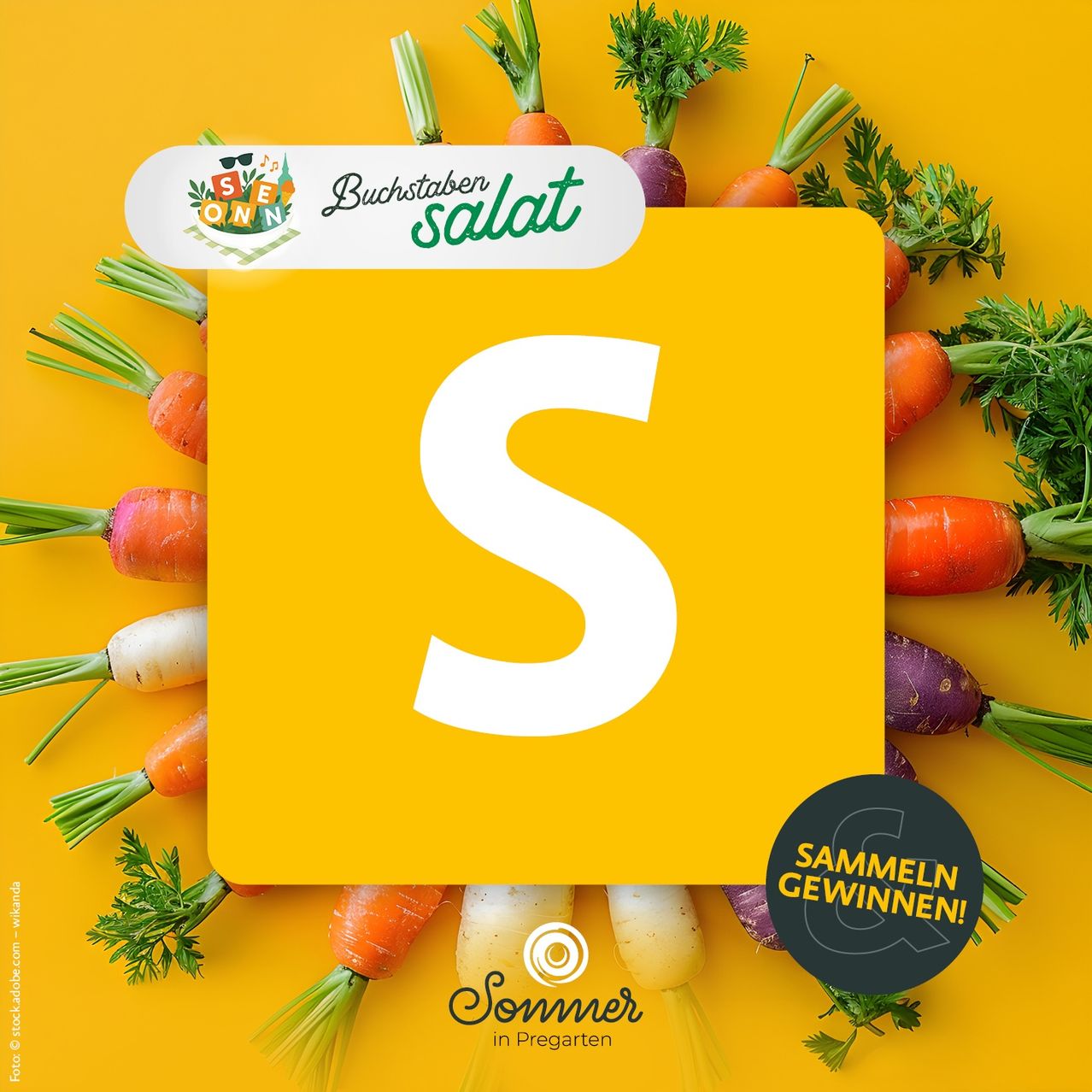 A yellow square with the letter 'S' in white, surrounded by various vegetables like carrots and parsley. The background features a logo for 'Buchstaben Salat' and a call to action to 'Collect and Win'.