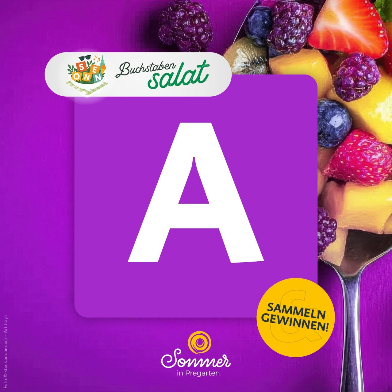 A purple square with a white letter A in the center, surrounded by a colorful fruit salad. A white banner with green text reads 'Buchstaben Salat'. A yellow circle with the words 'Sammeln Gewinnen!' is on the right.