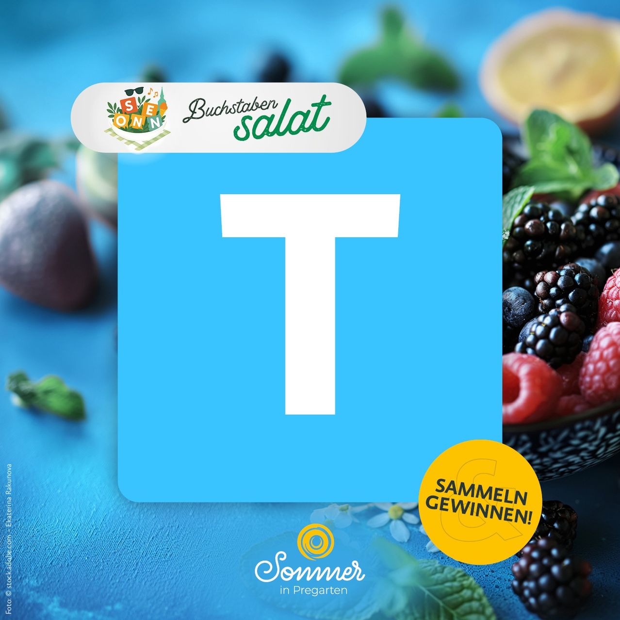 An advertisement for a book titled 'Buchstaben Salat' featuring a blue square with the letter 'T' and a bowl of berries in the background.
