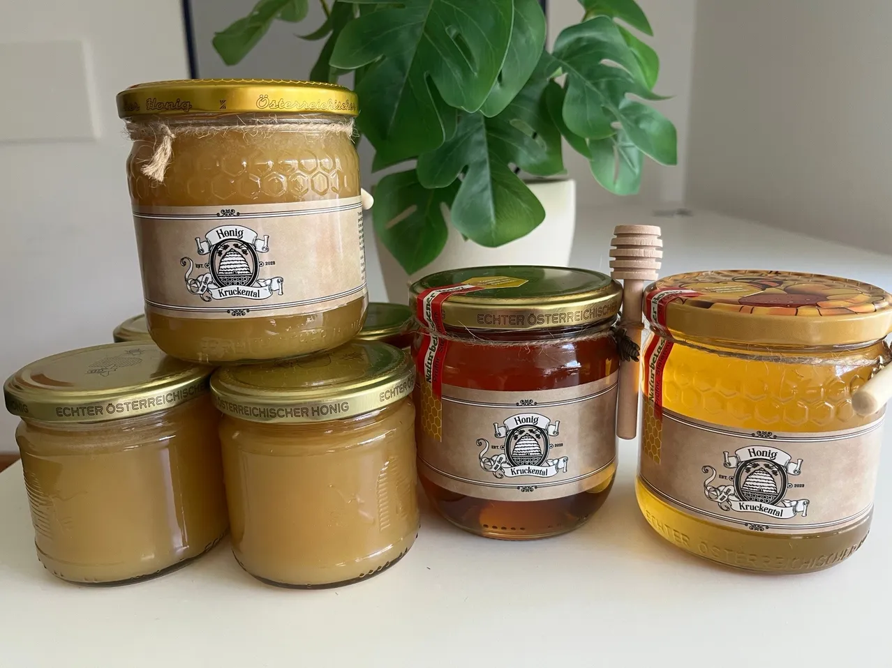 Mehrere Gläser mit Honig sind auf einer weißen Oberfläche angeordnet, mit einer Pflanze im Hintergrund. Die Gläser haben verschiedene Etiketten, darunter 'Echter Österreichischer Honig' und 'Kruckenhonig.' Ein hölzerner Honigdipper ist neben den Gläsern platziert.