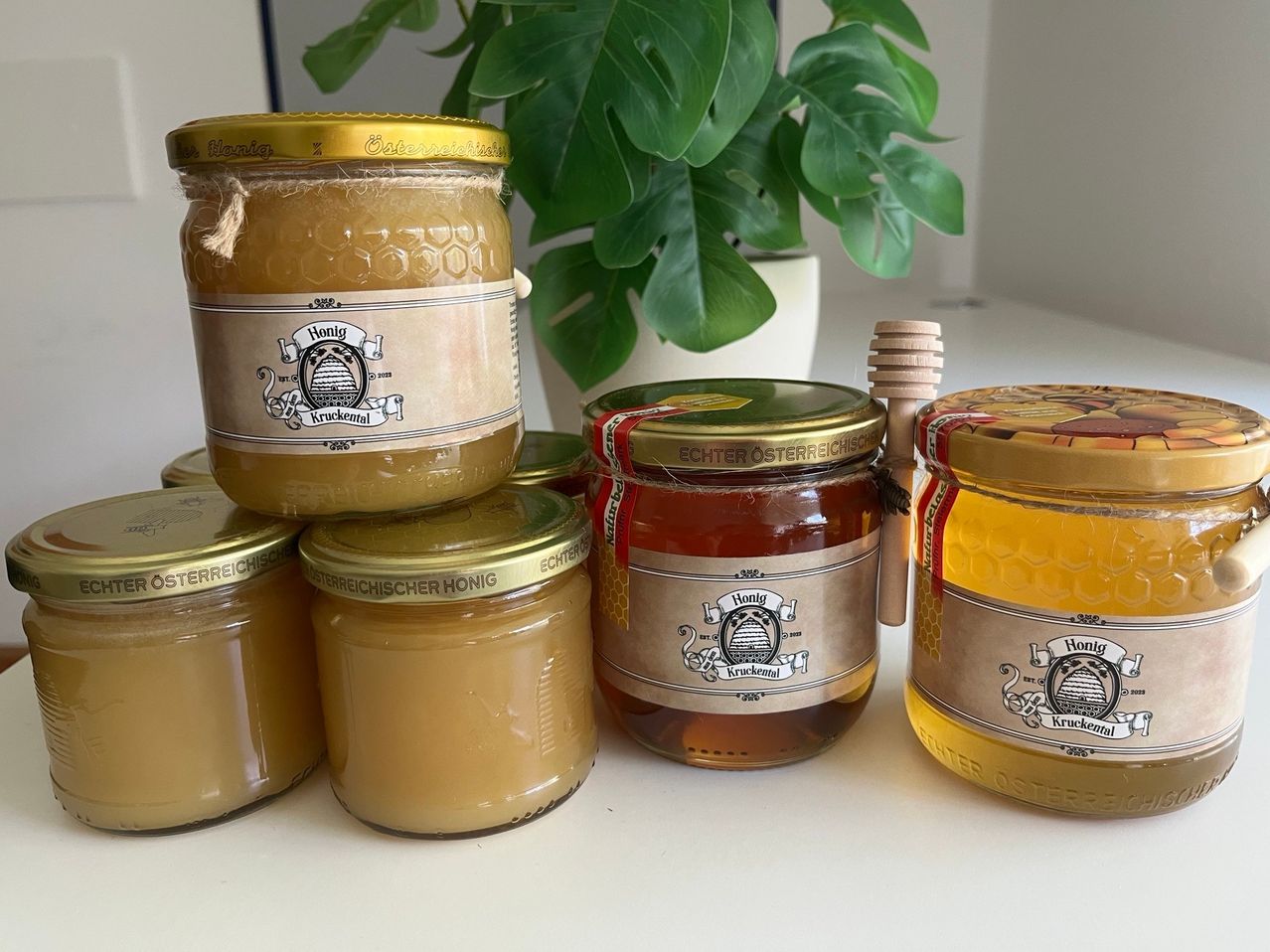 Mehrere Gläser mit Honig sind auf einer weißen Oberfläche angeordnet, mit einer Pflanze im Hintergrund. Die Gläser haben verschiedene Etiketten, darunter 'Echter Österreichischer Honig' und 'Kruckenhonig.' Ein hölzerner Honigdipper ist neben den Gläsern platziert.