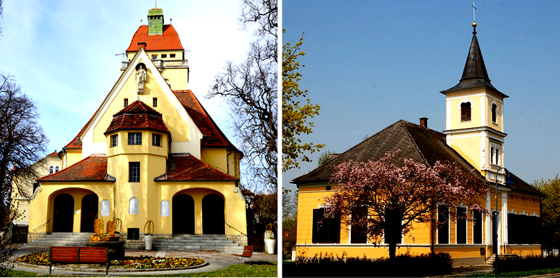 Zwei Bilder von gelben Gebäuden mit Spitzdächern. Das erste zeigt eine Kirche mit einem roten Dach und einem Turm mit einem grünen Dach. Das zweite zeigt eine Kirche mit einem schwarzen Dach, einem Turm und einem Baum mit rosa Blüten davor.