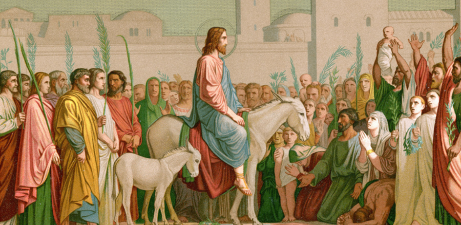 Ein Gemälde, das Jesus auf einem Esel zeigt, der in eine Menschenmenge reitet, wobei einer ein Baby hält.