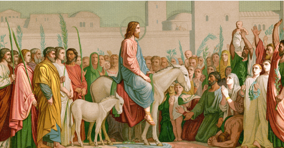 Ein Gemälde, das Jesus auf einem Esel zeigt, der in eine Menschenmenge reitet, wobei einer ein Baby hält.