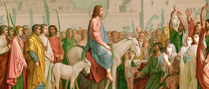 Ein Gemälde, das Jesus auf einem Esel zeigt, der in eine Menschenmenge reitet, wobei einer ein Baby hält.