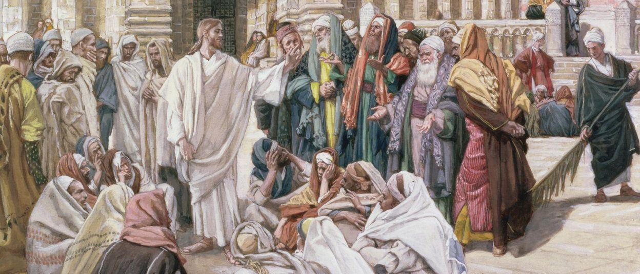 Ein Gemälde zeigt Jesus, der vor einer Gruppe von Menschen steht, einige beten, andere diskutieren. Der Ort ist im Freien, mit Steinarchitektur im Hintergrund.