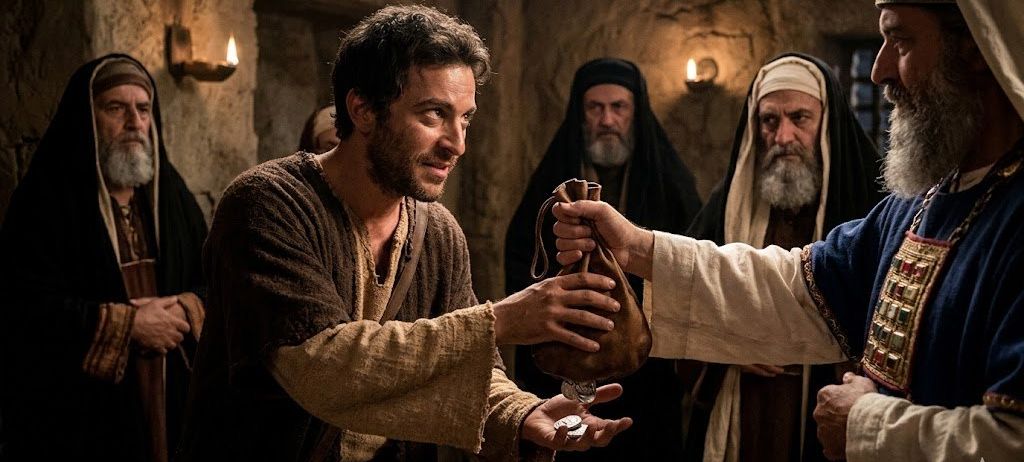 Ein Mann in traditioneller Kleidung gibt einem anderen Mann Münzen, während ein dritter Mann einen Beutel hält. Hinter ihnen stehen drei weitere Männer in traditionellen Roben, einer mit einem langen Bart.