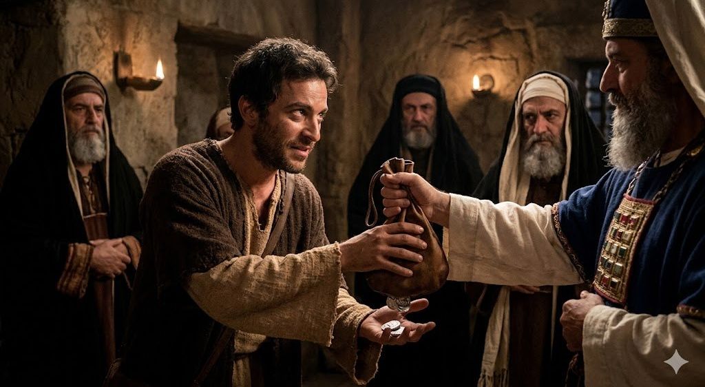 Ein Mann in traditioneller Kleidung gibt einem anderen Mann Münzen, während ein dritter Mann einen Beutel hält. Hinter ihnen stehen drei weitere Männer in traditionellen Roben, einer mit einem langen Bart.