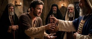 Ein Mann in traditioneller Kleidung gibt einem anderen Mann Münzen, während ein dritter Mann einen Beutel hält. Hinter ihnen stehen drei weitere Männer in traditionellen Roben, einer mit einem langen Bart.