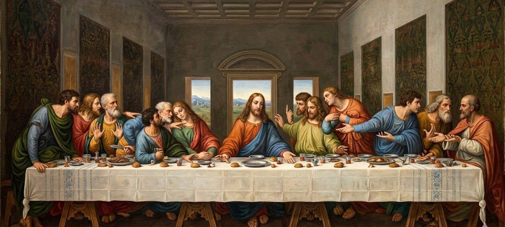 Das letzte Abendmahl zeigt Jesus und seine Jünger in einem Moment der Offenbarung, wobei Jesus seinen Verrat ankündigt. Das Gemälde erfasst eine Mischung von Emotionen, von Schock bis zur Nachdenklichkeit.