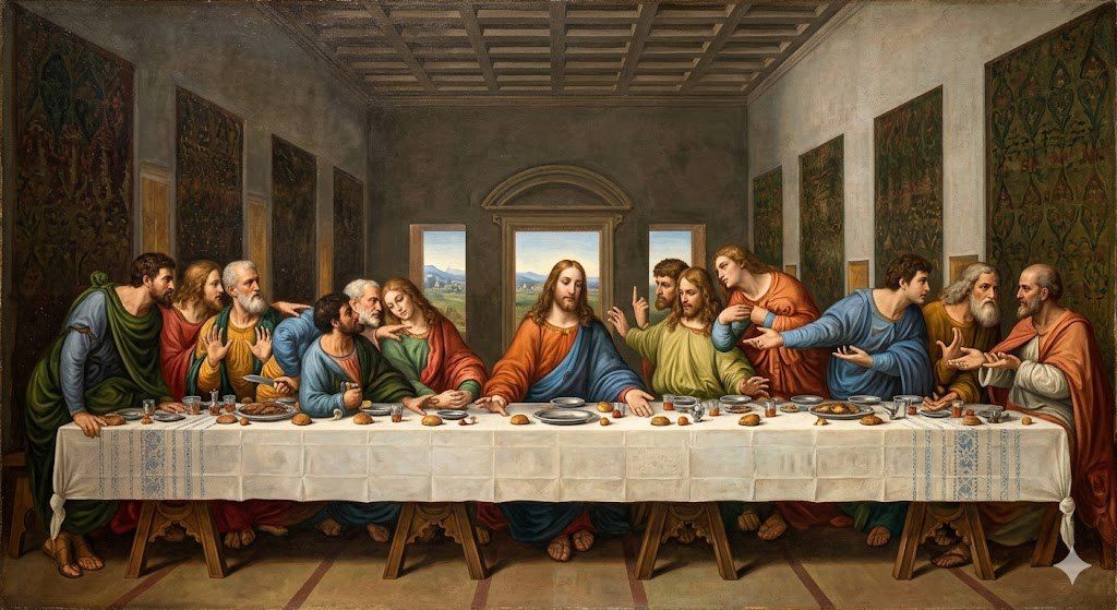 Das letzte Abendmahl zeigt Jesus und seine Jünger in einem Moment der Offenbarung, wobei Jesus seinen Verrat ankündigt. Das Gemälde erfasst eine Mischung von Emotionen, von Schock bis zur Nachdenklichkeit.