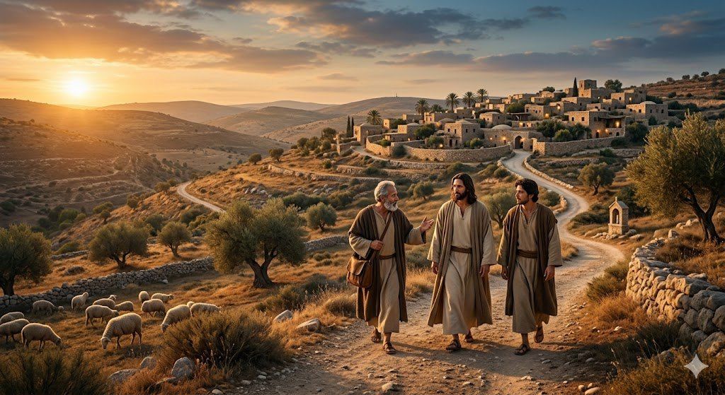 Drei Männer gehen auf einem Pfad und unterhalten sich, in einer hügeligen Landschaft. In der Nähe grasen Schafe, mit einem Dorf und Sonnenuntergang in der Ferne.
