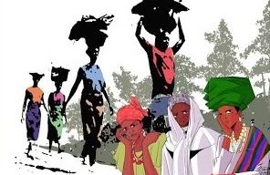 A colorful illustration shows a group of people walking and standing in front of a background of trees. They are wearing various head coverings and outfits. One person carries an umbrella, while another has a basket on their head.