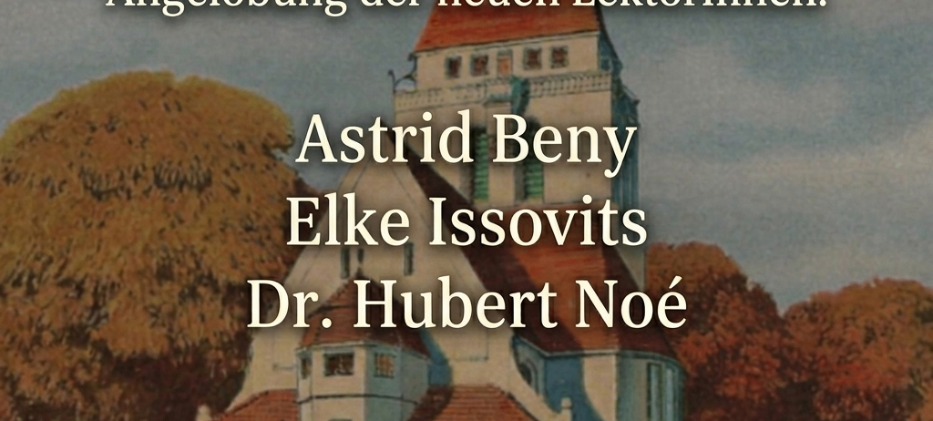 Festgottesdienst-Poster mit einer alten Kirche und laufenden Personen. Namen: Astrid Beny, Elke Issovitz, Dr. Hubert Noe. Datum: Sonntag, 17. Mai, Zeit: 10:00 Uhr. Ort: Heilandskirche Furstenfeld. Webseite: www.evangelf.at.
