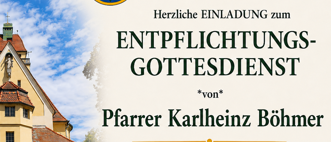 Ein Plakat für einen Gottesdienst am 23. August 2026 mit einer gelben Kirche, einem Kreuz auf dem Dach und einer Jesus-Statue an der Wand. Das Plakat enthält den Namen des Priesters, Karlheinz Bo, und den Ort des Gottesdienstes.