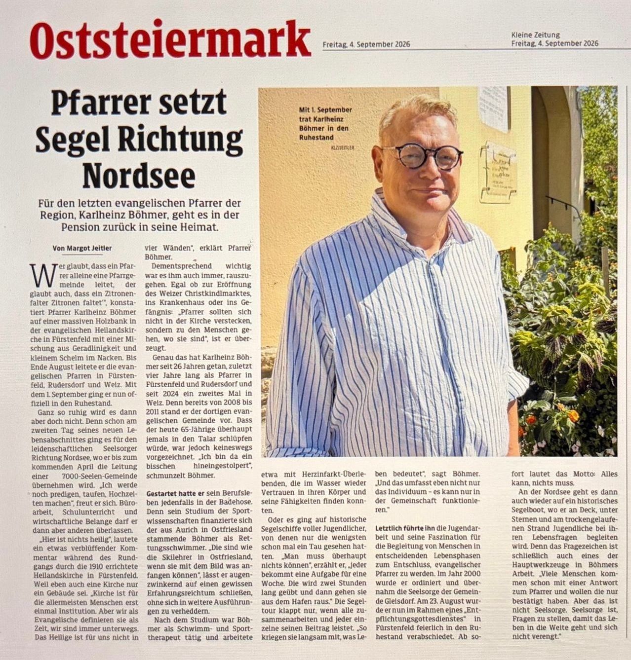 A newspaper article features a photo of a man in glasses, titled 'Pfarrer setzt Segel Richtung Nordsee'. The article discusses the retirement of a pastor, Karlheinz Böhmer, and his decision to move to his hometown. The text includes details about his career and the significance of his retirement.