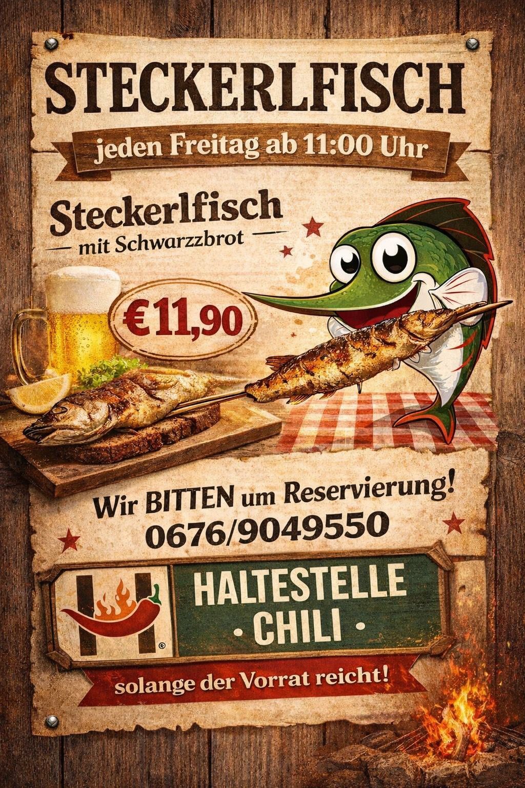 Werbeplakat für einen Freitagsfisch-Spezial. Es zeigt einen animierten Fisch, der einen Spieß mit Fisch hält. Der Fisch wird mit einer Beilage aus Zitrone und einem Glas Bier serviert. Preis 11,90 Euro. Rufen Sie für Reservierungen an.