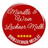 Ein rotes kreisförmiges Logo mit weißem Text 'Marille & Wein Lechner Melk' mit weißem Rand und fünf gelben Sternen darunter. Die Website ist www.lechner-melk.at.