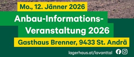 Ein Bild von einem Traktor, der ein Feld pflügt, mit einer Veranstaltungsankündigung für die Anbau-Informations-Veranstaltung 2026 im Gasthaus Brenner, 9433 St. Andrä. Das Datum ist Montag, 12. Jänner 2026. Der Plakat hat ein Logo für Lagerhaus.