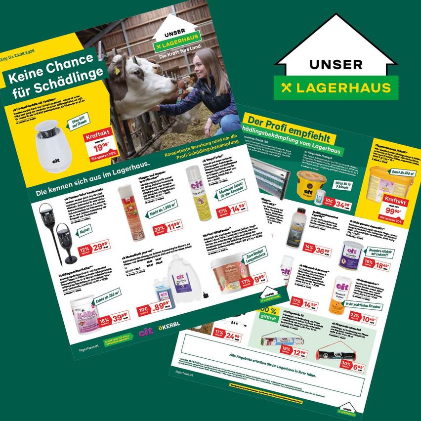 Werbung für einen Bauernhof mit einer Frau und einer Kuh. Verschiedene Produkte sind mit Preisen und Rabatten aufgelistet. Grüner Hintergrund mit weißen und gelben Texten.