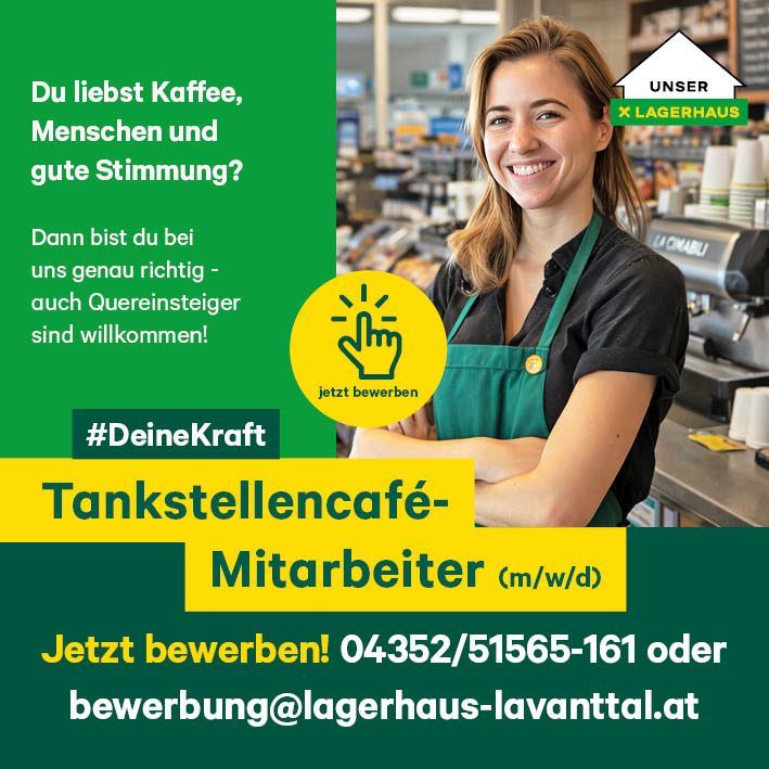 Stellenangebot für Café-Mitarbeiter. Jetzt bewerben. Kontaktdaten vorhanden. Frau lächelt in Schürze.
