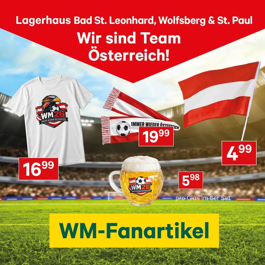 Eine Werbung für Camping und Fanartikel für Sportveranstaltungen. Zeigt ein T-Shirt, eine Schürze, eine Flagge und einen Krug. Preise aufgelistet.