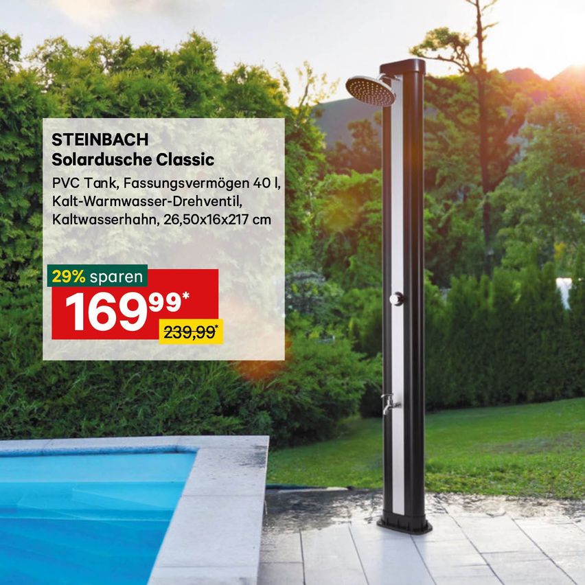 Eine Steinbach Solardusche mit einem Fassungsvermögen von 40 Litern steht neben einem Pool. Die Werbung bietet einen Rabatt von 29% und zeigt einen reduzierten Preis von 169,99.