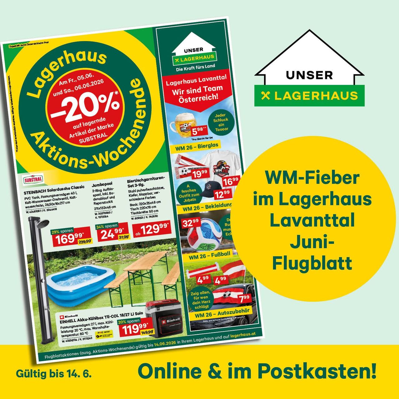 Werbeanzeige für Lagerhaus mit 20% Rabatt auf verschiedene Produkte. Sonderpreise bis 14. Juni. Erhältlich online und in Postkästen.