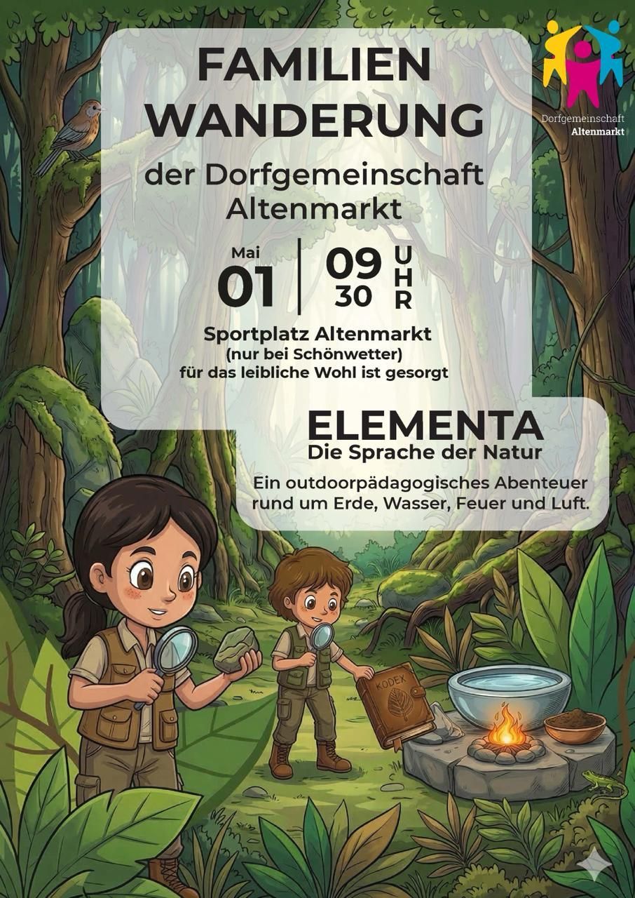 Illustration von zwei Kindern, die Naturelemente mit Lupen in einer Waldumgebung untersuchen. Der Plakat bewirbt ein Outdoor-pädagogisches Abenteuer über Erde, Wasser, Feuer und Luft.