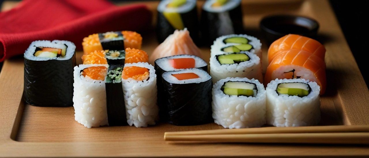 Ein Holztablett gefüllt mit verschiedenen Sushi-Rollen, darunter Gurke, Lachs und Krabben. Ein rotes Tuch und Chopsticks liegen ebenfalls auf dem Tablett.