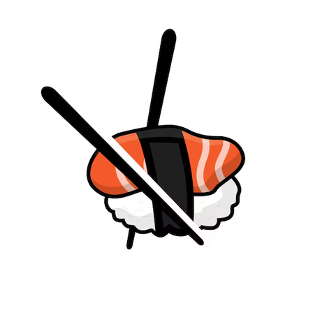Eine Illustration von Sushi mit überkreuzten Stäbchen. Das Sushi besteht aus einem Fischstück, Reis und Seetang.