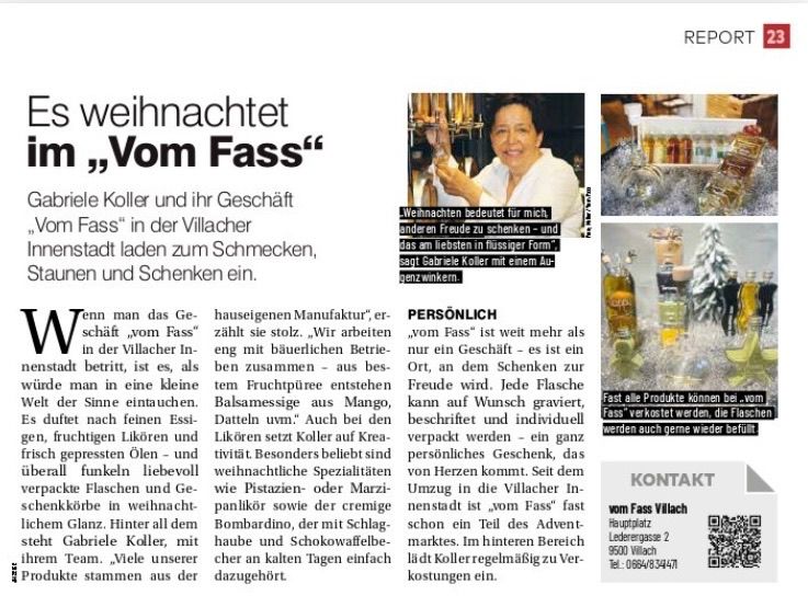 Ein Artikel über Gabriele Koller und ihr Unternehmen 'Vom Fass' in Villach, Österreich. Es wird über den Ansatz des Unternehmens zu Weihnachten diskutiert, der sich auf das Schenken von Erfahrungen und Emotionen konzentriert, anstatt auf physische Produkte. Koller betont die handgefertigte Natur ihrer Produkte, die aus Fruchtpürees und verschiedenen Likören hergestellt werden. Das Geschäftsmodell ermöglicht personalisierte, beschriftete Flaschen, und Gabriele Kollers Team sorgt für regelmäßige Verfügbarkeit des Sortiments.
