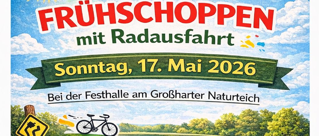 Ein Plakat für eine Radtour am Sonntag, 17. Mai 2026, am Großbarter Naturteich. Beginn um 09:00 Uhr, mit Kaffee, Kuchen und Obst ab 08:00 Uhr.