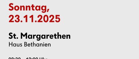Plakat für eine Blutspendeveranstaltung am 23. November 2025 in St. Margarethen, Haus Bethanien. Zeiten: 08:30-12:00 und 13:00-15:00. Kontakt: blut.at oder 0800/190 190. QR-Code für Terminbuchung.